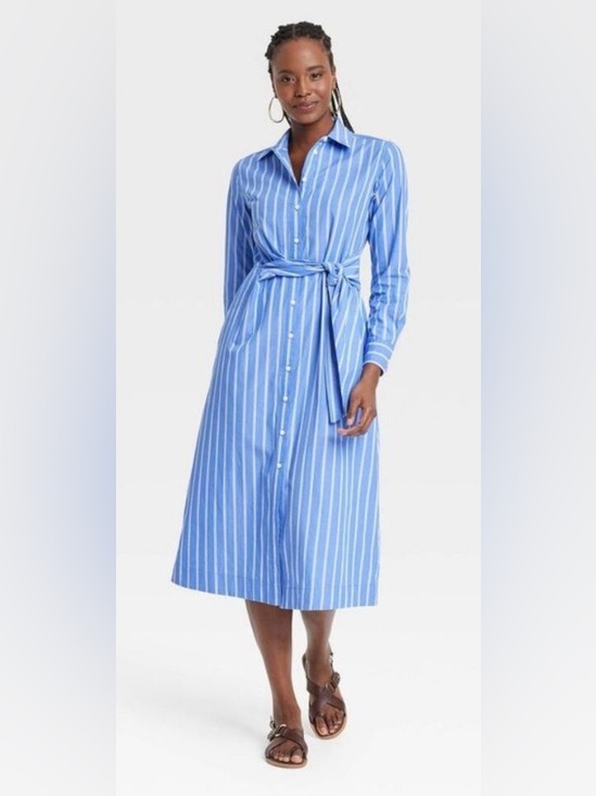 Universal Thread Dresses & Skirts - Universal Thread Striped Blue Button-Front Shirt Dress with Waist Tie
